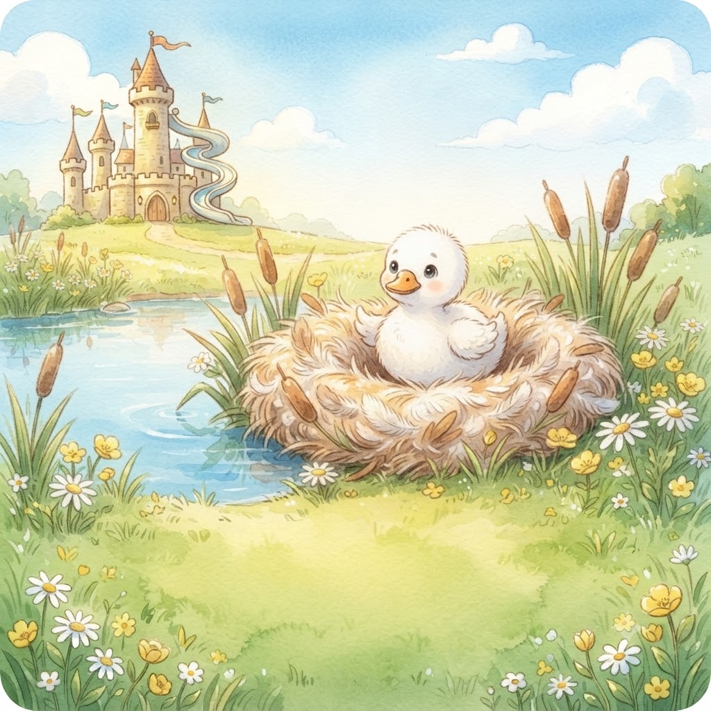 Little Fluffy sitting snug in her feathery nest beside the pond