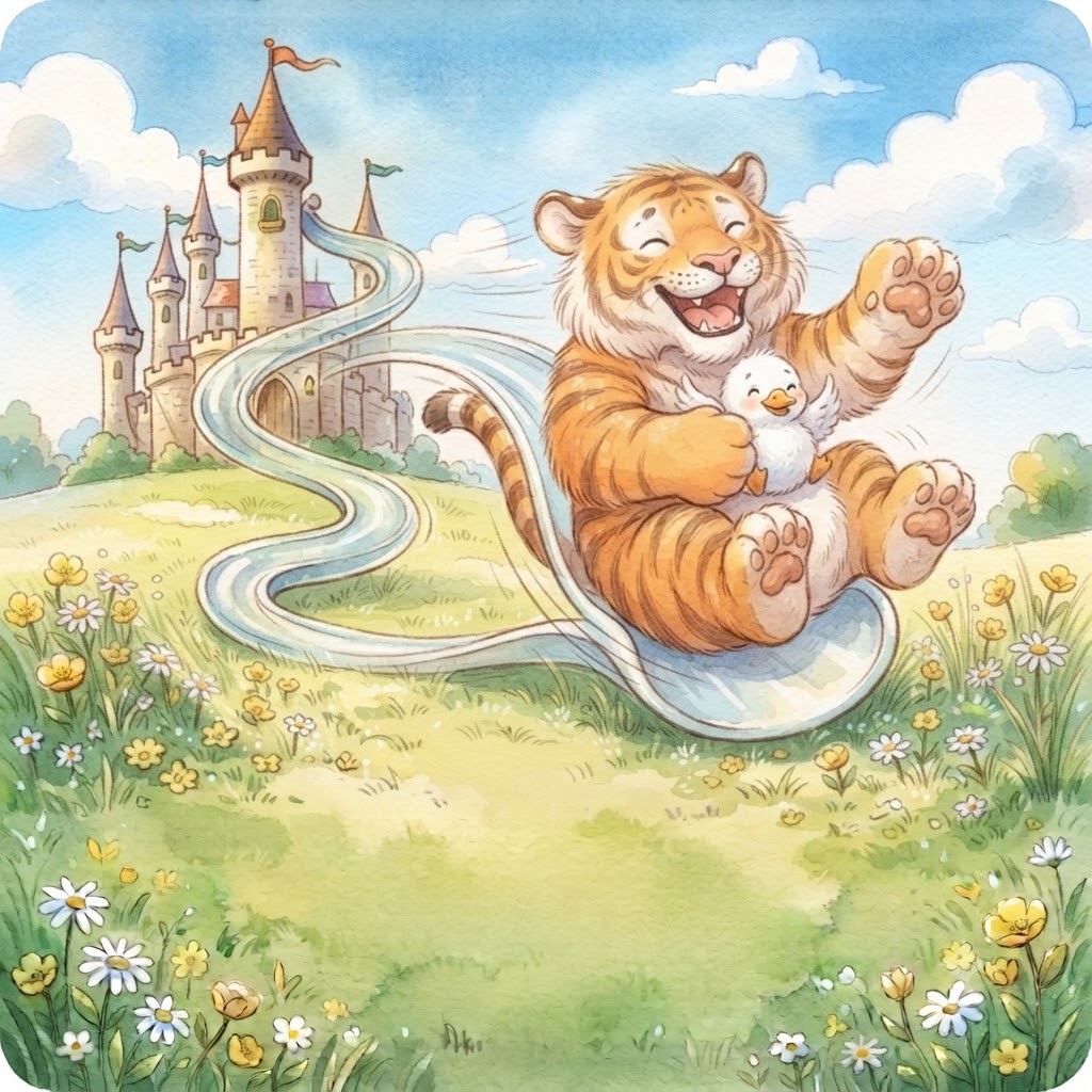 The tiger whooshes down the castle slide holding Little Fluffy tight