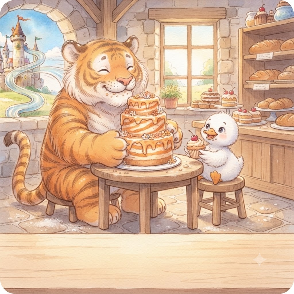 The tiger and Little Fluffy sharing an enormous cake at the castle bakery