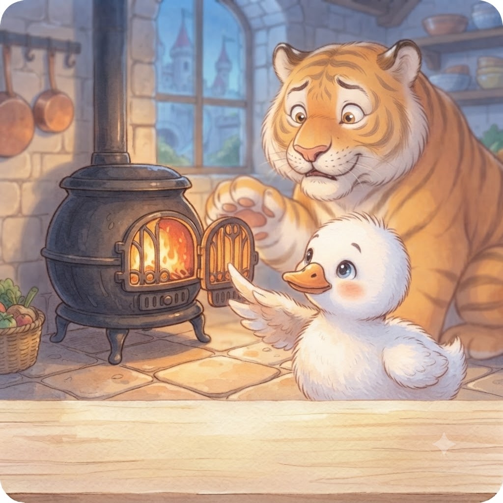 Little Fluffy reaching a wing toward the open stove as the tiger gasps