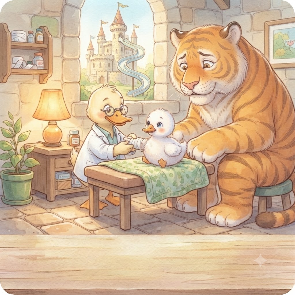 Doctor Duck wraps Little Fluffy's wing in a bandage while the worried tiger looks on