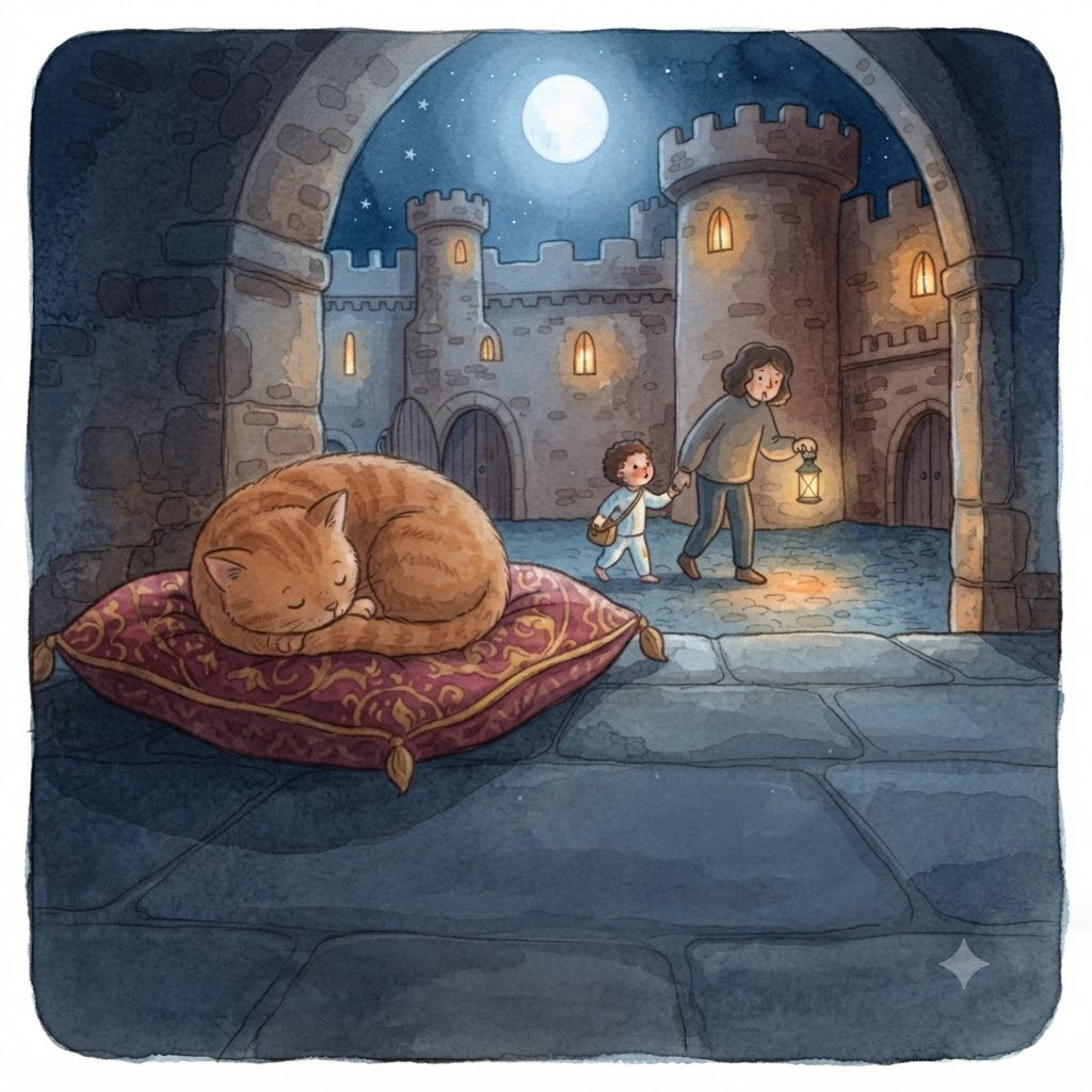 A ginger cat asleep on a velvet cushion in the courtyard