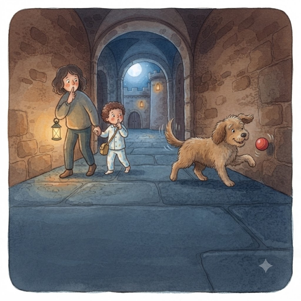A shaggy dog trotting after his red ball in the passageway