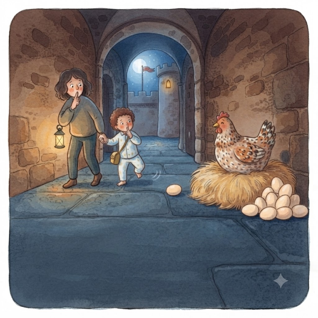 A hen dozing on her nest beside a pile of eggs
