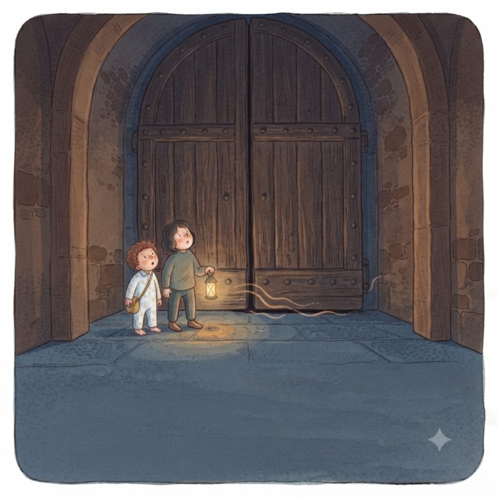 An enormous wooden door with snores curling out from underneath