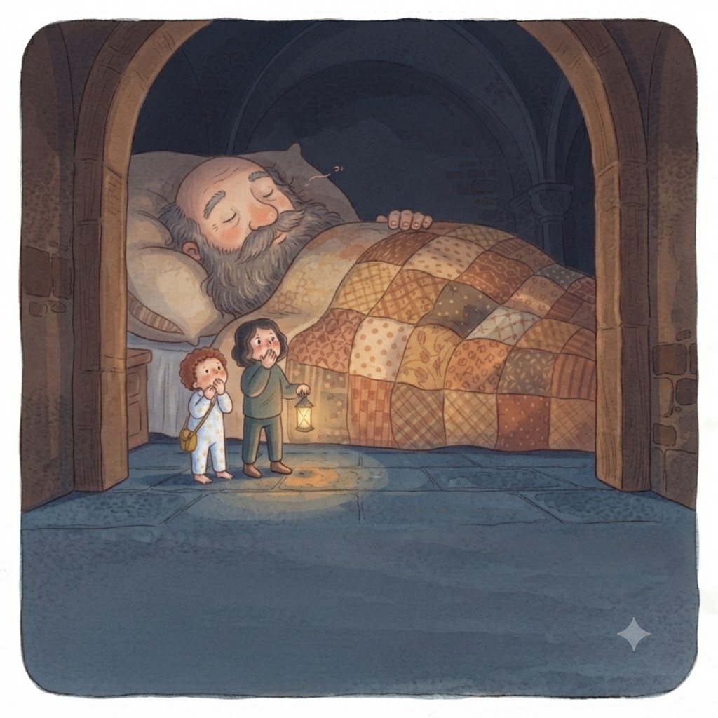The Giant fast asleep under a patchwork quilt as the explorers gasp