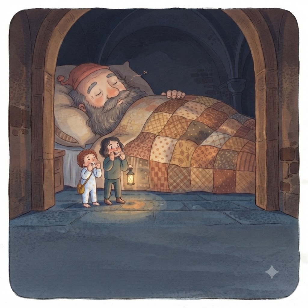 The two explorers giggle behind their hands beside the sleeping Giant