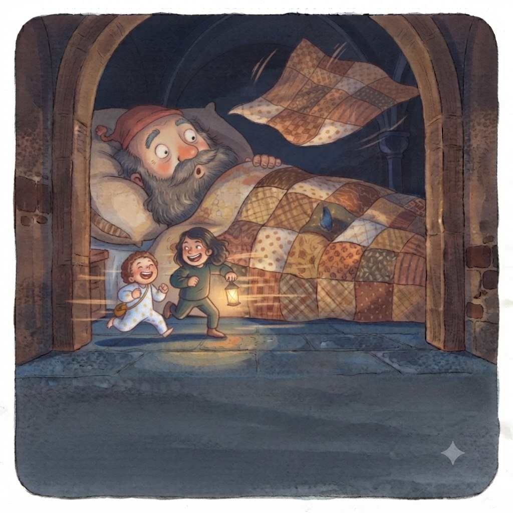 The Giant's eyes pop open as the quilt flies up and the explorers run for it, laughing