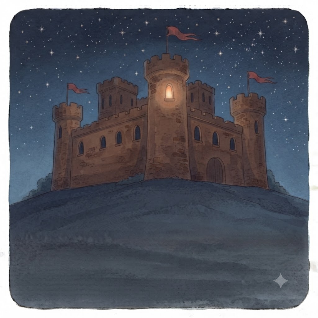 The big brown castle on its hill under a sky full of stars